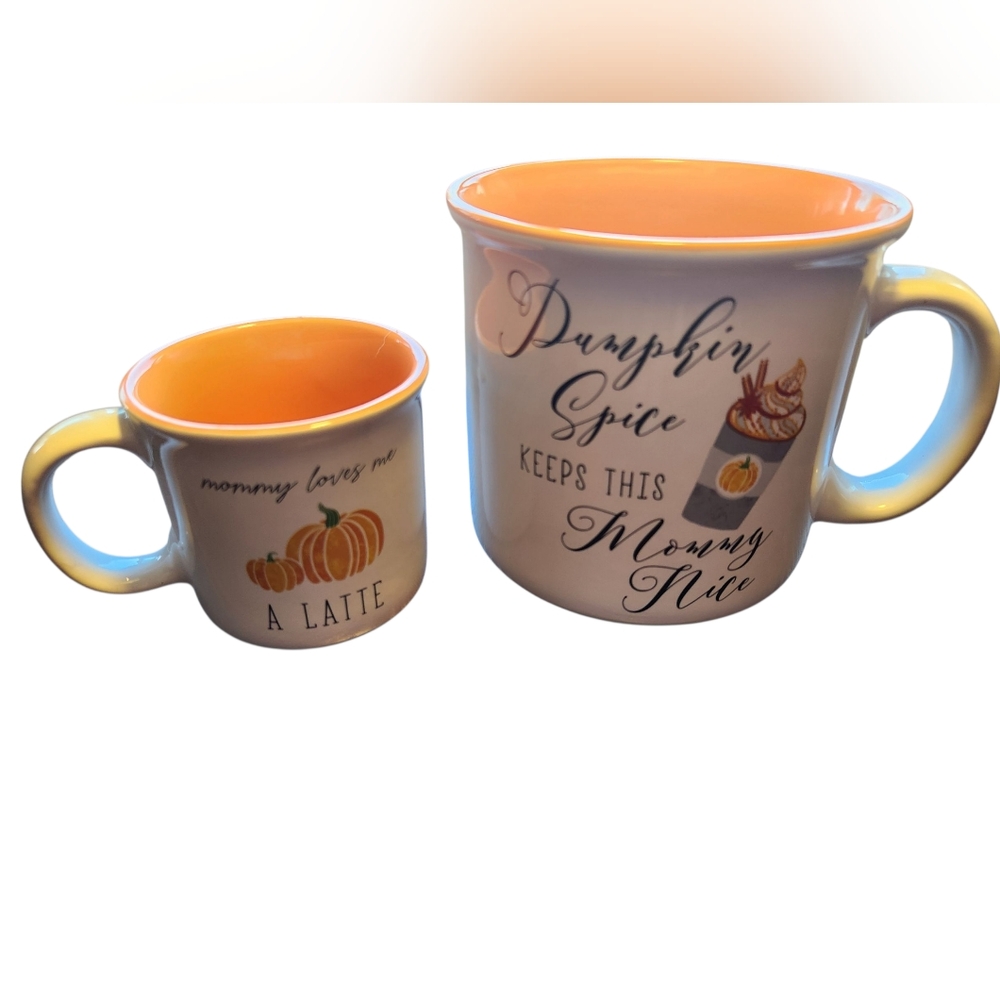 Cozy Autumn Ceramic Mommy And Me Mugs Orange and White